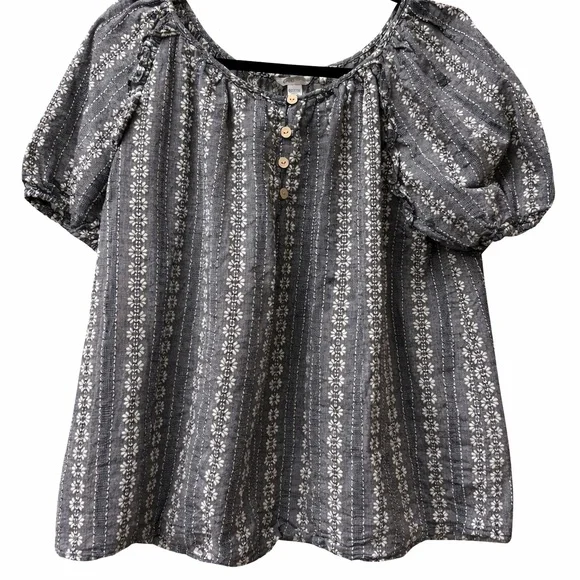 Cato Gray Floral Stripe Peasant Blouse Puff Sleeve Boho 18/20W - Picture 1 of 8